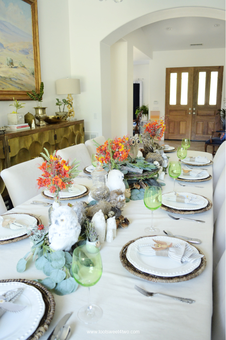 view of dining table decorated with owl table decor
