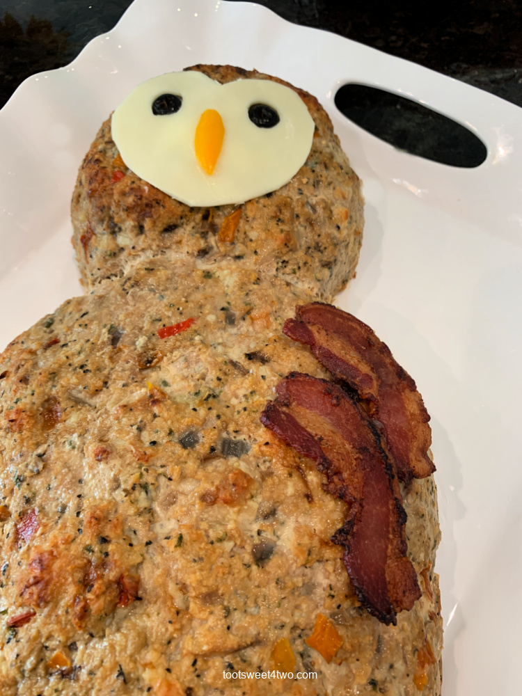 Owl Meatloaf under construction with bacon wings